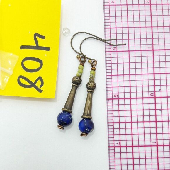 Boho Earrings 408# Bishop Bronze Antique.BronzeHooks Bohemian Blue ArtisanMadeC - Picture 3 of 3